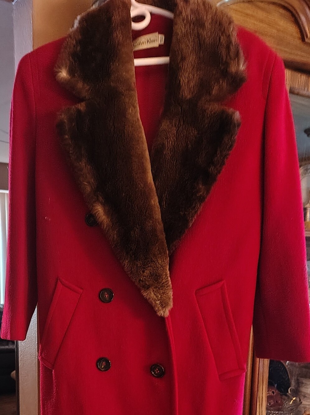 Calvin Klein Red Double-Breasted Coat with Brown Faux Fur Collar